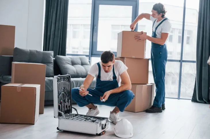 Movers assembling sofa of customer